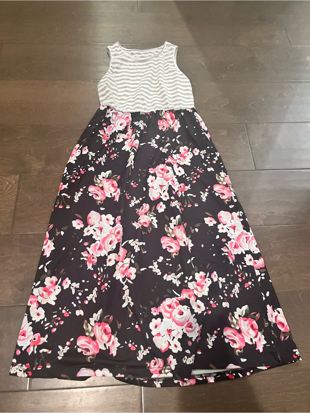 Striped Top Floral Maxi Dress - Black with Pink Roses